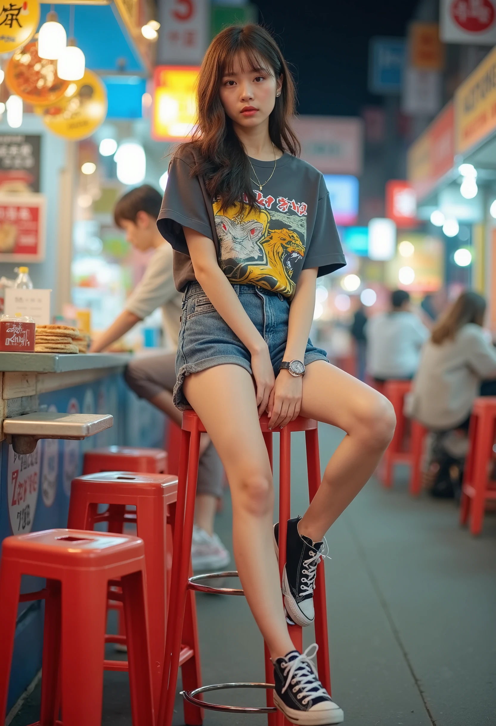 A trendy Taiwanese woman perches on a bar stool, dressed in a casual graphic tee and shorts. The backdrop features a lively night market, filled with colorful food stalls. better_sit.