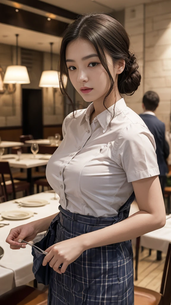 Waitress、Waitress、Waitressだよ❗️(8k, RAW Photos, 最high quality, masterpiece: 1.2), (Realistic, photoRealistic: 1.37), 1 歩道に立っているWaitressのを着た女性, ,Ultra Mini Skirt、 Professional Writing, Photon Mapping, , Italyのの女性, Torn, Sommelier、,Italy、Italy、Easy to wear、 Ultra compact uniform、,At a fine dining restaurant， 胸がbig、Incredibly beautiful face、masterpiece, 最high quality, high quality, High resolution, big , (Face close-up),Working in a restaurant、Carrying tableware、Hair is tied up、Updo、Playmate proportions、エロスWaitress、Please tie your hair tightly、Expose as much skin as possible、、The ultimate revealing outfit、Hair combed back、Infinite Strip、Hair combed back、oh、Nipple poking stimulation、Tingling in the nipples、Anal feels good、Checked clothes,Checker Mode、Intricately checked uniform、Erotic Appeal Posing、Undershot、