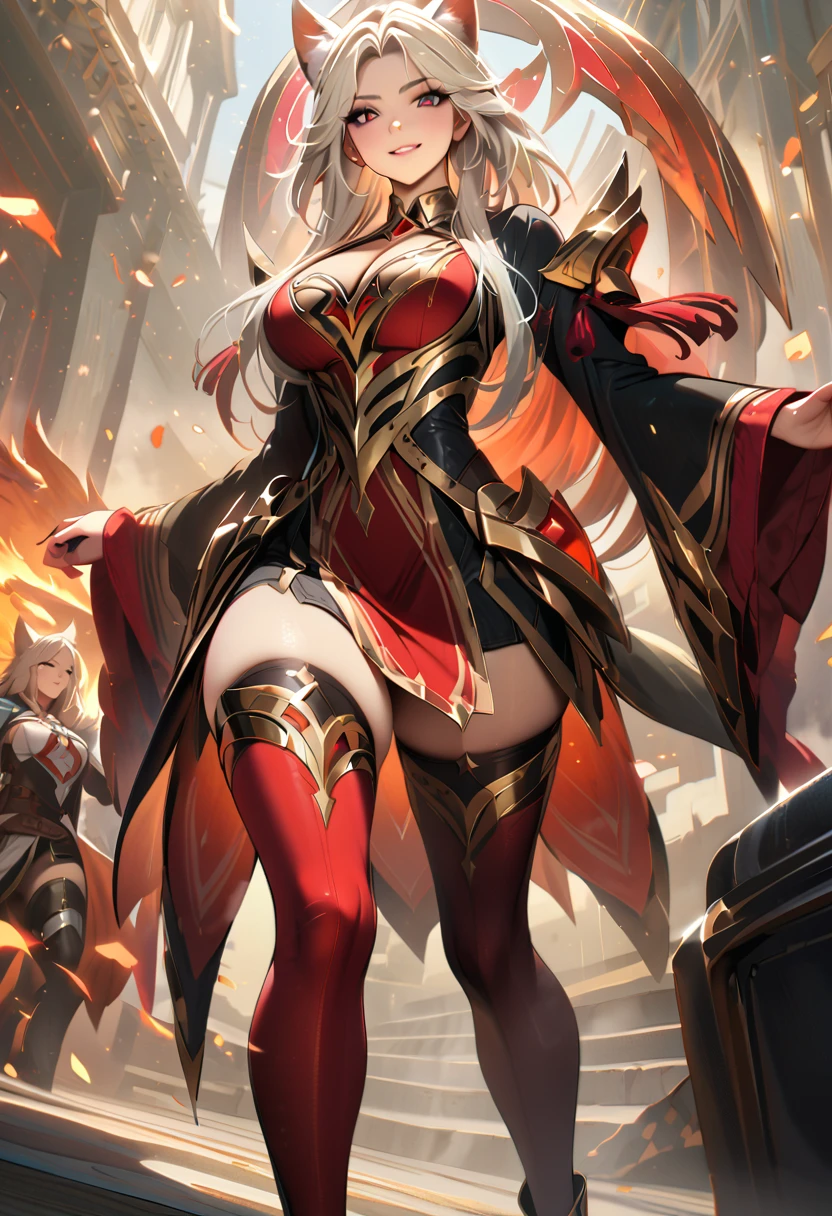 （（Game skin design concept draft）），Beautiful posture，（Sexy figure:1.1）,（Wearing a red, gold and black horse-faced skirt），light fabrics，Blue-gray magic fire floats around，feminine expression，etailed face, detailed eyes, detailed hands,elf girl, full body
