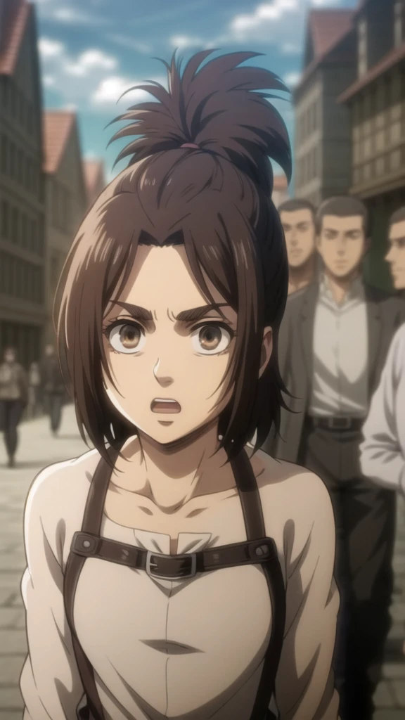 sfw, GabiAOT, 1girl, brown eyes, low ponytail,
gold dress, (busy street, people walking in background, gorgeous view), 
(upper body focus, open mouth, :O), Question Mark on top of the head, (anime style), masterpiece, best quality, ultra-detailed, ray tracing, HDR, deph of field, (perfect face, detailed face, detailed eyes), 8k, HD, best quality, ultra-detailed, shiny eyes, fair skin, notably long eyelashes, perfecteyes eyes, shinny eyes, glowing eyes, dynamic angle, small breasts, looking to the viewer, pink lips, long eyelashes, on a medieval city, official art, harness, 1girl, slim girl, slim figure, soft skin, fair skin, notably long eyelashes, cute face,