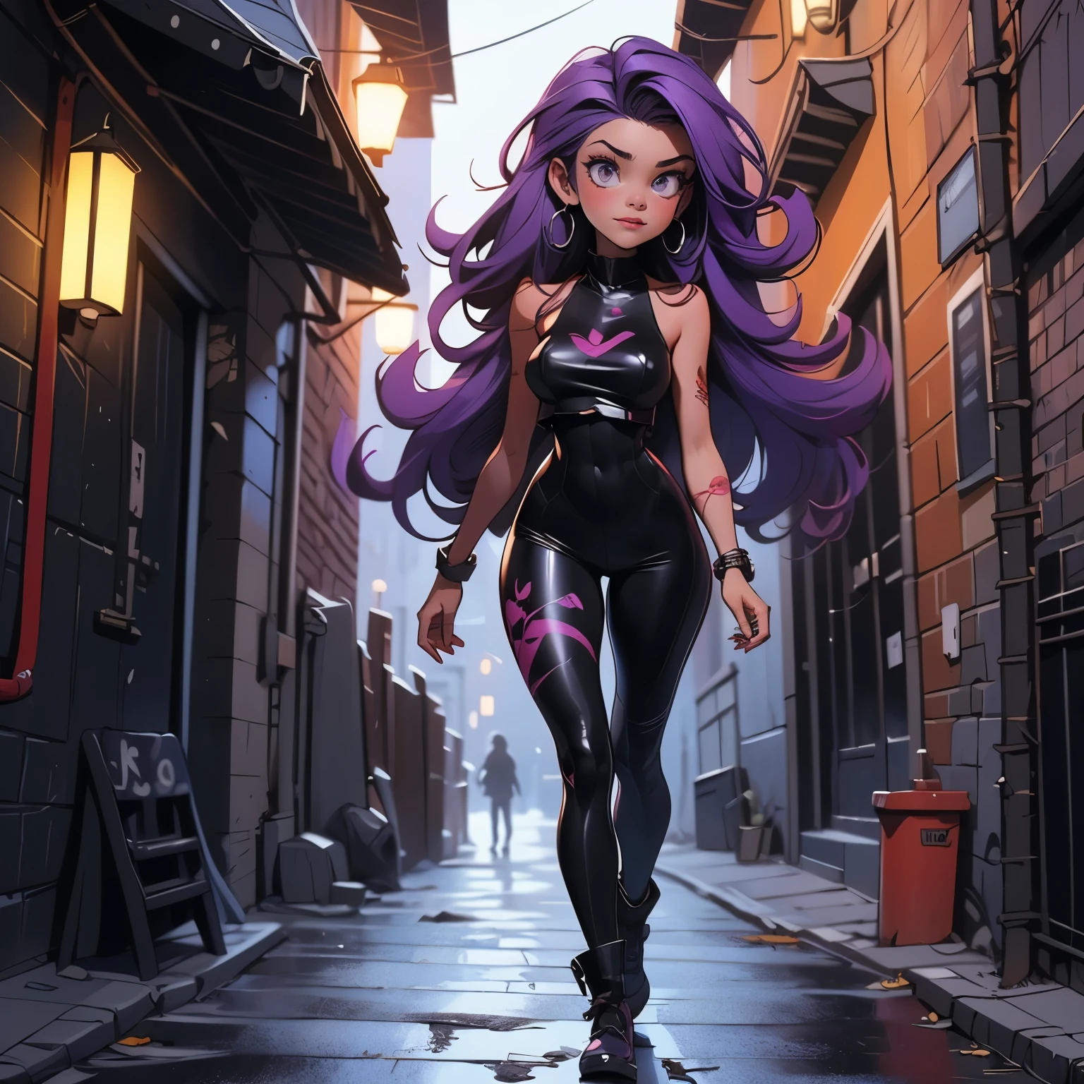 A girl in the destroyed city, long straight black hair with blue highlights, pink eyes, dressed in a tight suit decorated with roses, May flowers grow in your hands, (My Hero Academia anime girl style)