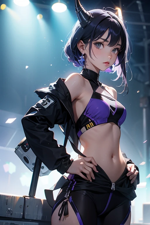 1girl, bangs, blue hair, multicolored hair, necklace, parted lips, purple eyes, short hair, smile, solo, purple latex jumpsuit, v-neck zipper to the bellybutton, dark room, spotlight background