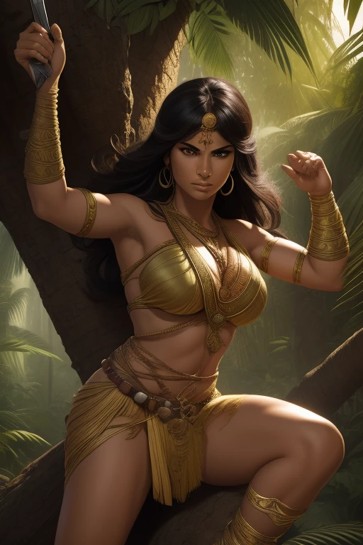 A close-up portrait of Sheena, the Jungle Queen, perched atop a tree, observing her enemies who dare to hunt in her jungle, holding a sharp knife, dynamic action scene, intricate details, John Buscema comic book art style, dynamic action, cinematic lighting, vivid colors, photorealistic, ultra-detailed, 8k, masterpiece