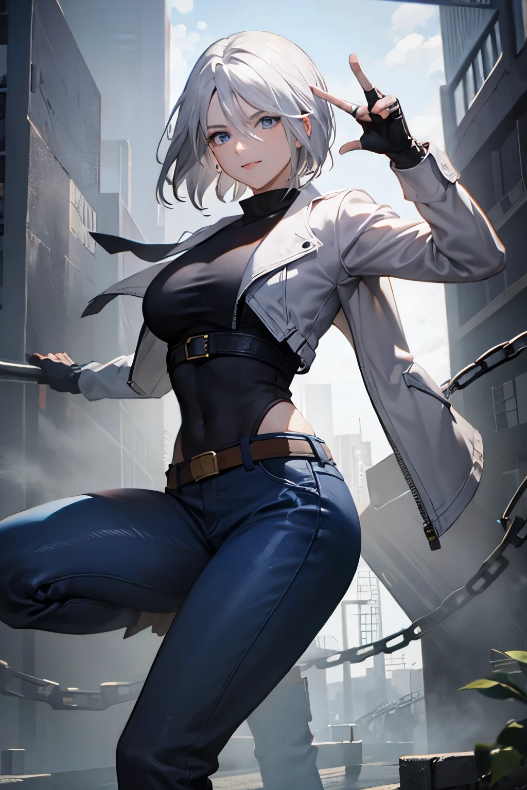 (masterpiece), best quality, silver eyes, perfect face, highres, 1girl, solo, angelms, white hair, white jacket, jeans, fingerless gloves, atacking pose, dancing around chains, evil smile, long boots, fanstasy background, cowboy shot, fullbody shot, looking at the viewer, from front, holding chains, long chain  whip