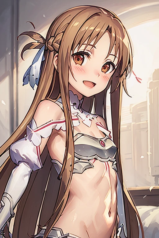 ((Best Quality)), ((masterpiece)), (be familiar with), Perfect Face, indoor, bedroom, Watching the audience,
One woman, Yuuki Asuna,
Open Mouth, Ecstatic expression, blush, smile,
Small breasts, Flat Chest, , , child, Girl,
Long Hair, Long Hair,
Leg spread,