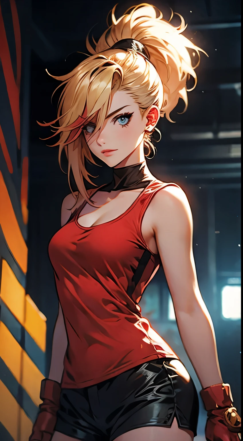 A close up of a woman in a red shirt and black shorts - SeaArt AI