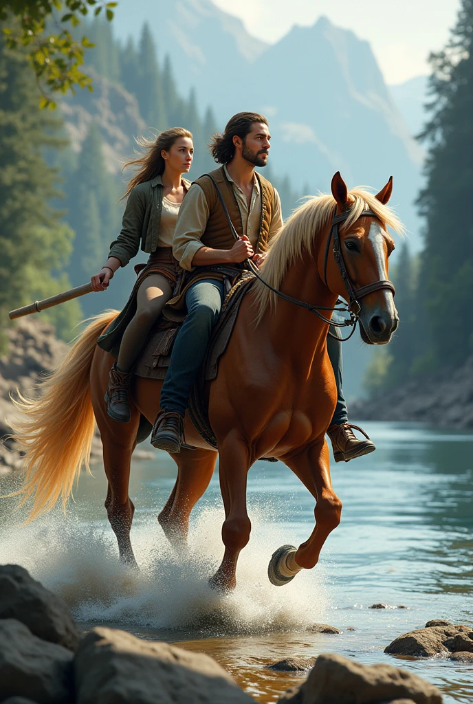 in the middle of the forest a couple is riding a horse, a muscular man is behind and has no clothes. and in front of you a blonde woman with wavy hair and green eyes, Also without clothes. the forest is very magical
