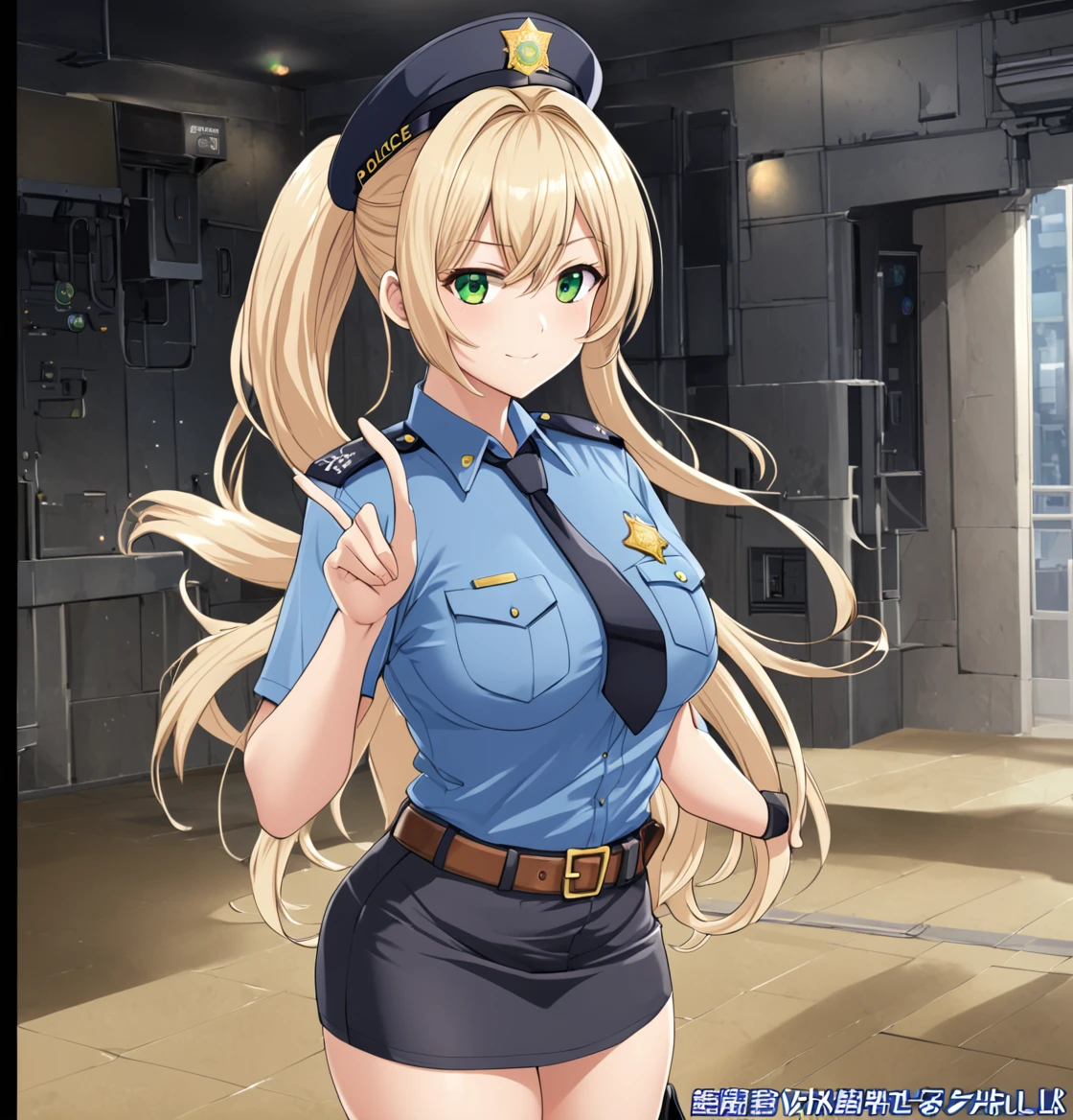 
1girl, long flowing hair light blonde hair,  large green eyes, curvy body, sfw huge breasts, hair between the eyes, police uniform, black thighhighs, blue shirt, black skirt, black gloves, black necktie,  blue hat, belt buckle, brown_belt, necktie, policewoman, 	pouch shirt, shirt tucked in, 	short necktie, short sleeves, zettai_ryouiki, ahoge, 3 / 4 pose, pudica pose gesture, dynamic pose, stands on one leg, with the opposite arm raised in a playful gesture, Side ponytail, cowboy shot
