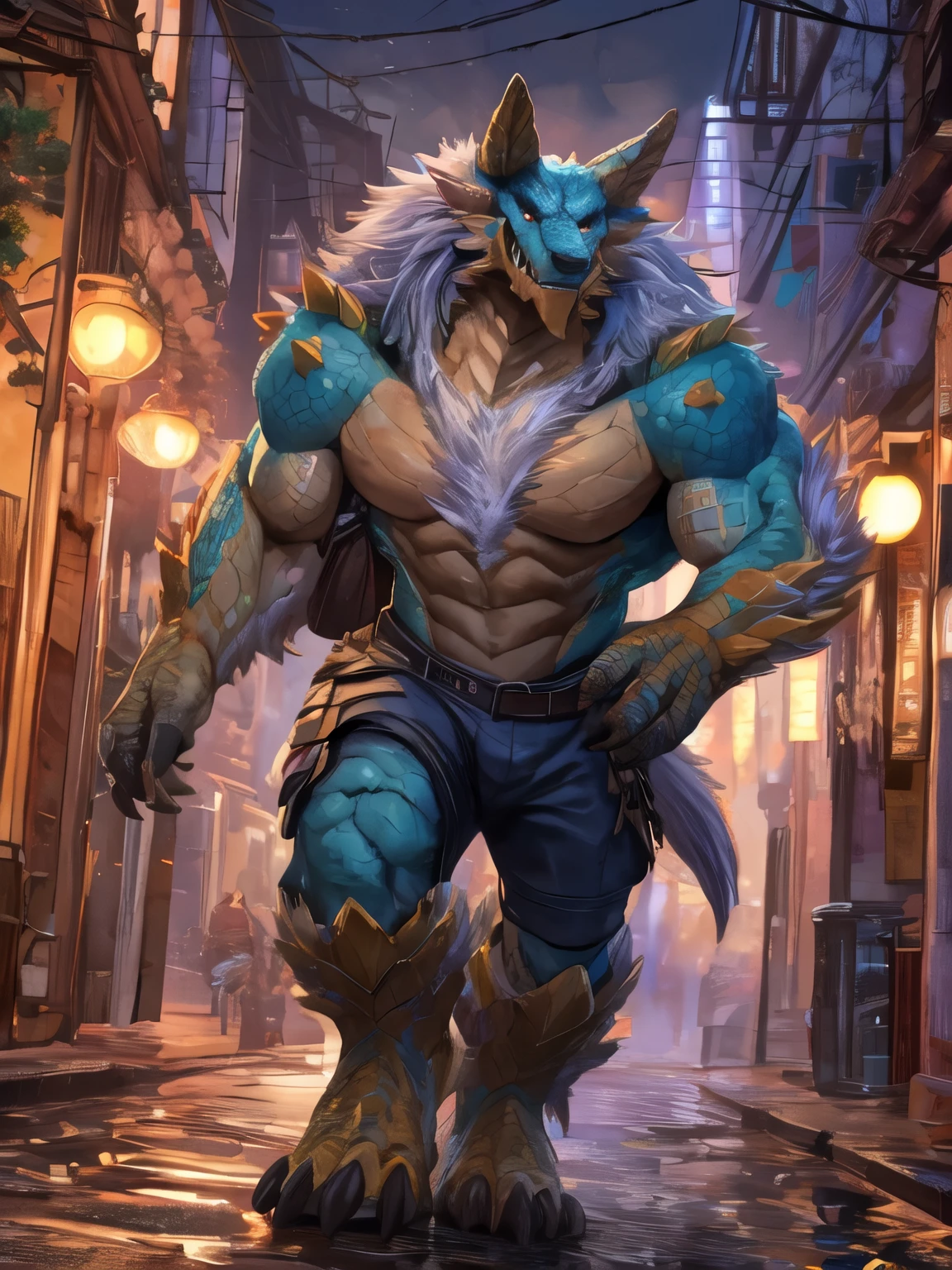 ((独奏)), Human dragon male, (Blue fur, Dark face and hands:1.5), ((Stern hard face,Neon blue tongue,Confident and suggestive expressions,large eyes,Black horns,Blue pupils:1.3)), (((Detailed eyes))), Masculine, In his forties, movement, Abs, Strong, ko, (veiny, Torn muscles:1.8), (Correct anatomy,Heavy stature,Wide torso,Small head:1.7), (Realistic fur,Detailed fur texture,Dripping sweat:1.3), Detailed background street, Lifelike, upload on e621, (intracate clothing:1.3),Bare torso, de forma ultra realista, hyper detailed, (Detailed clothing: 1.2), NaturalLighting, at nighttime, (very muscly, get sweaty:1.9), bending,