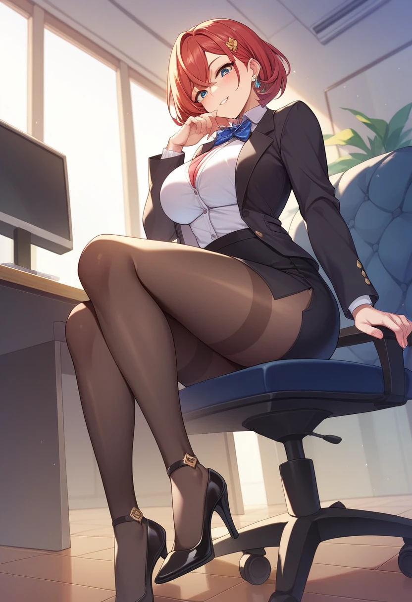 1girll,sitting the desk,Slender legs,black lence stockings,High heels hang down from your toes,Facing the audience,HighestQuali, highly detailed ,Large breasts, Top knot, Medium hair, Crowded breasts,, , Kneel, raunchy,masterwork, HighestQuali, highly detailed、white shirt、black necktie、red hair,with his back to the viewer,Hips facing the viewer,big assa