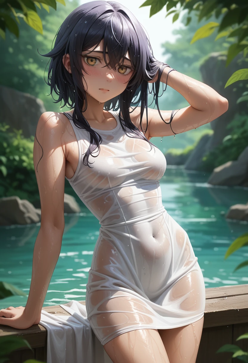 Hiiragi Utena, , wet hair, pruple hair, cut hair, yellow eyes, blush, looking at viewer, white summer dress, wet dress, through dress, medium breasts, small waist, large buttocks, wet skin