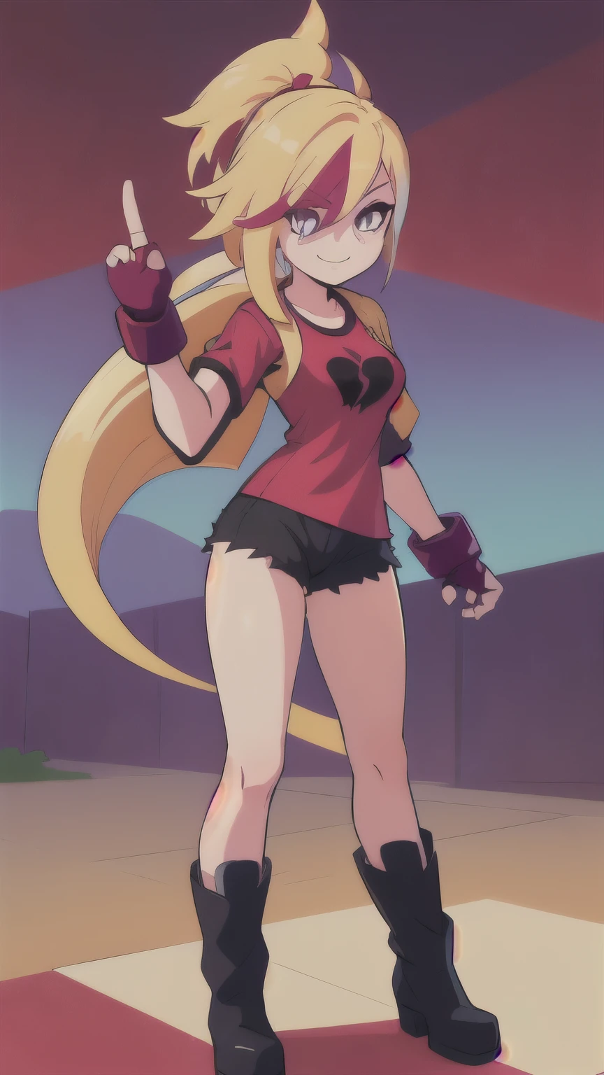 GameGirl , (blonde ponytail) with pink streak highlights, 80's anime style, (flat chest), thighs, hips, small waist, park bench, biker shorts, cloudy day, near train tracks, bike rack, weak wilted plants, cracks in sidewalk, butterflies and daisies, sunlight shining on character, ass