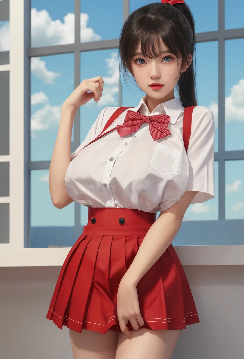 (((Full and soft breasts,)))(((Huge breasts))) (((Cleavage))) (Perfect curvy figure),(masterpiece, high resolution, best quality:1.2), 8K, Very detailed, complex, rich and colorful, vibrant images, Clear focus, Movie) (Wear, white shirt,Red Skirt, , shirt, Short sleeve,Pleated Skirt, Red bow tie, Plaid bow tie, Plaid tie,)(Perfectly rounded big breasts,Hourglass figure, Thin waist,very Thin waist, Photo-realistic,(Surrealism:1)beautiful, masterpiece, best quality, Extremely detailed face,Perfect face,beautiful face, Perfect lighting,Detailed eye makeup, Detail face, Beautiful and detailed eyes,Beautiful hands, Perfect hands, (Realistic students,Realistic iris:1) Heavy eye makeup,(Stand in the closet)