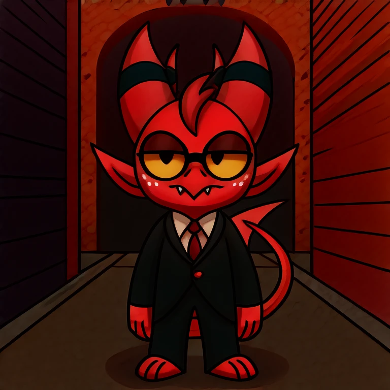 Imp wearing a black suit, and black and black glasses, street background