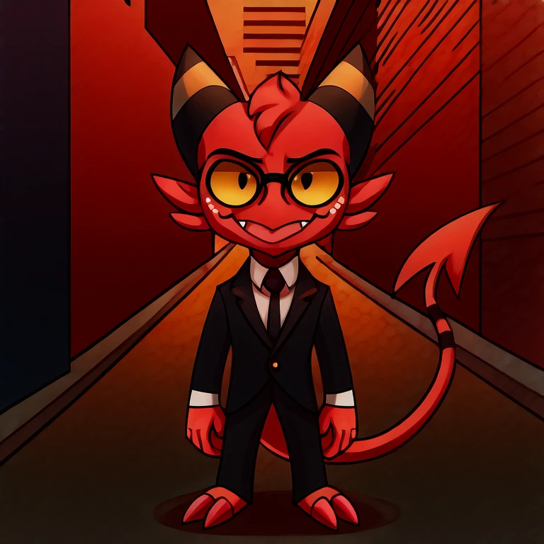 Imp wearing a black suit, and black and black glasses, street background