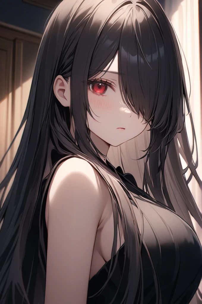 ((best quality)), ((masterpiece)), (masterpiece), best quality, cold eyes, perfect face,high res, ultrasharp, 8K, masterpiece,(detailed),black long hair,red eyes,black Women summer dress with deep V-neck, solid color and ruffled long sleeves,in winter