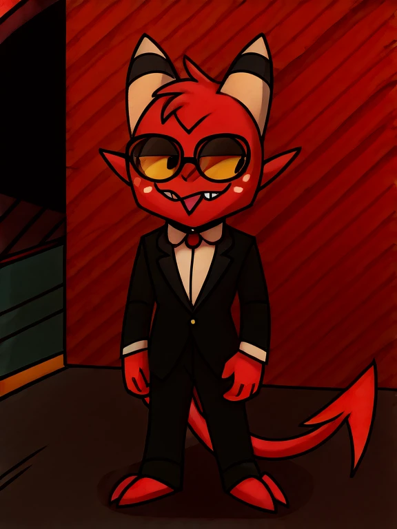 Imp wearing a black suit, and black and black glasses, street background