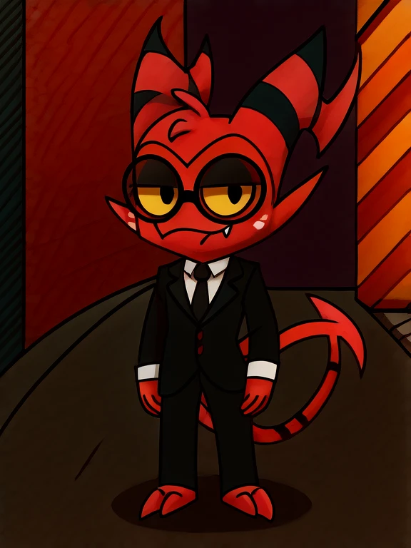 Imp wearing a black suit, and black and black glasses, street background