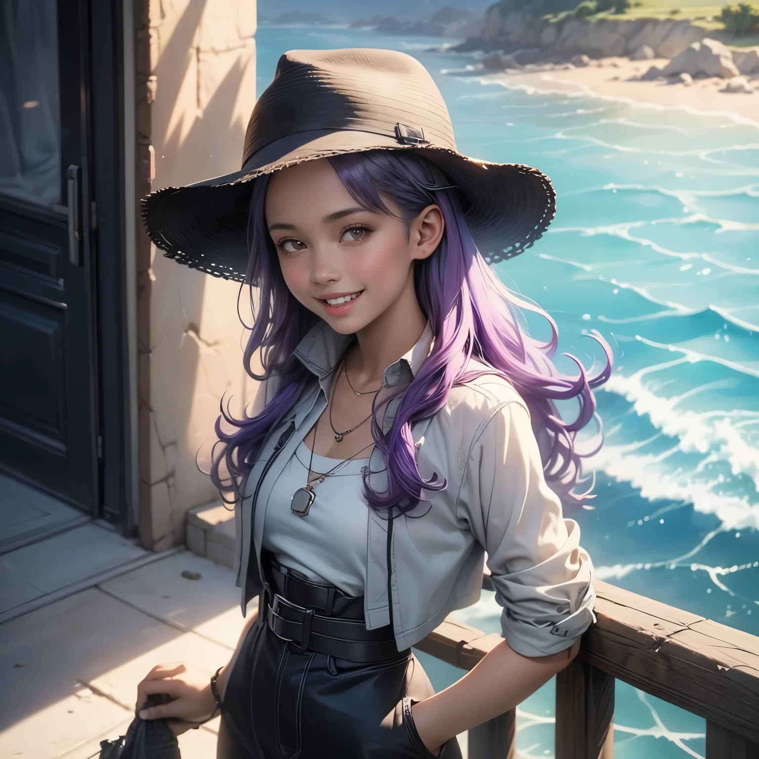 (masterpiece), best quality, 1girl, expressive eyes, perfect face, (purple hair), perfect anatomy, full body, 4k, HDR, full HD, solo, An anime girl in a blue dress and straw hat, with long hair and flowing curly bangs, in the style of anime, against a background of a coastal street by the sea, on a bright sunny day, with flowers on a windowsill, with a cheerful expression, with detailed design, with a watercolor painting effect, and vibrant colors, , misato katsuragi, purple hair, long hair,  