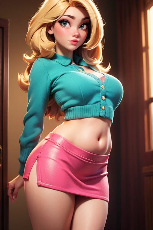 ((best quality)), ((highly detailed)), masterpiece, (detailed eyes, deep eyes), (1girl), dynamic angle, cowboy shot, mlpapplejack, woman, smile, looking at viewer, long blonde hair, ((low-tied hair)), ((green eyes)), naked, slight smile (indoor, bedroom), ((flashing breasts)), ((exposed breasts, nipples)), graceful pose, removing dress, undressing, lifting skirt to reveal lace thong, realistic proportions, woman, arched back, head tilted back, sexy pose, leaning forward on forearms, butt in the air, back arched, black lace lingerie