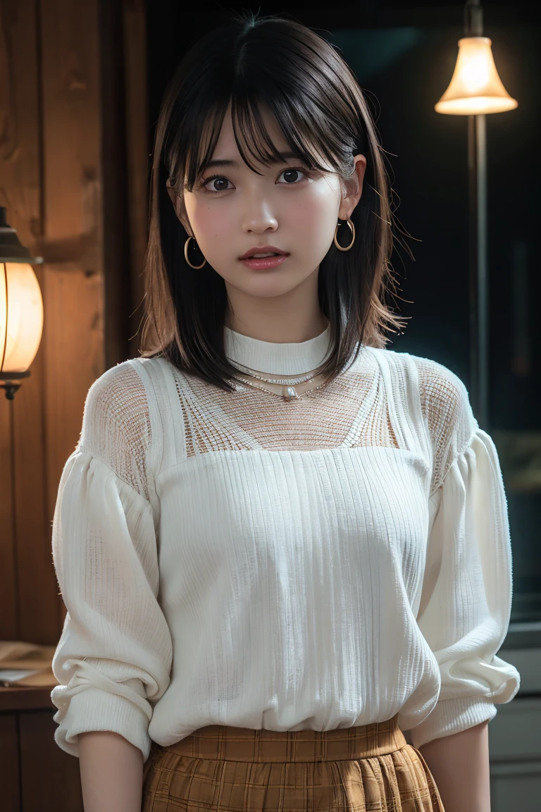 (Highest quality:1.4),(masterpiece:1.4),(Realistic:1.4),(Realistic:1.2),(超High resolution, RAW Photos:1.4),(High resolution, Super detailed:1.2),(8K:1.2),View your audience,Cinematography,One Girl,skeletally correct，Black Hair Girl，(Small earrings，necklace，White blouse，See-through，Tight Skirt，View from the front),（Inside the Western-style building，Dimly lit room，The lamplight shines on my cheeks，Sit on the sofa）