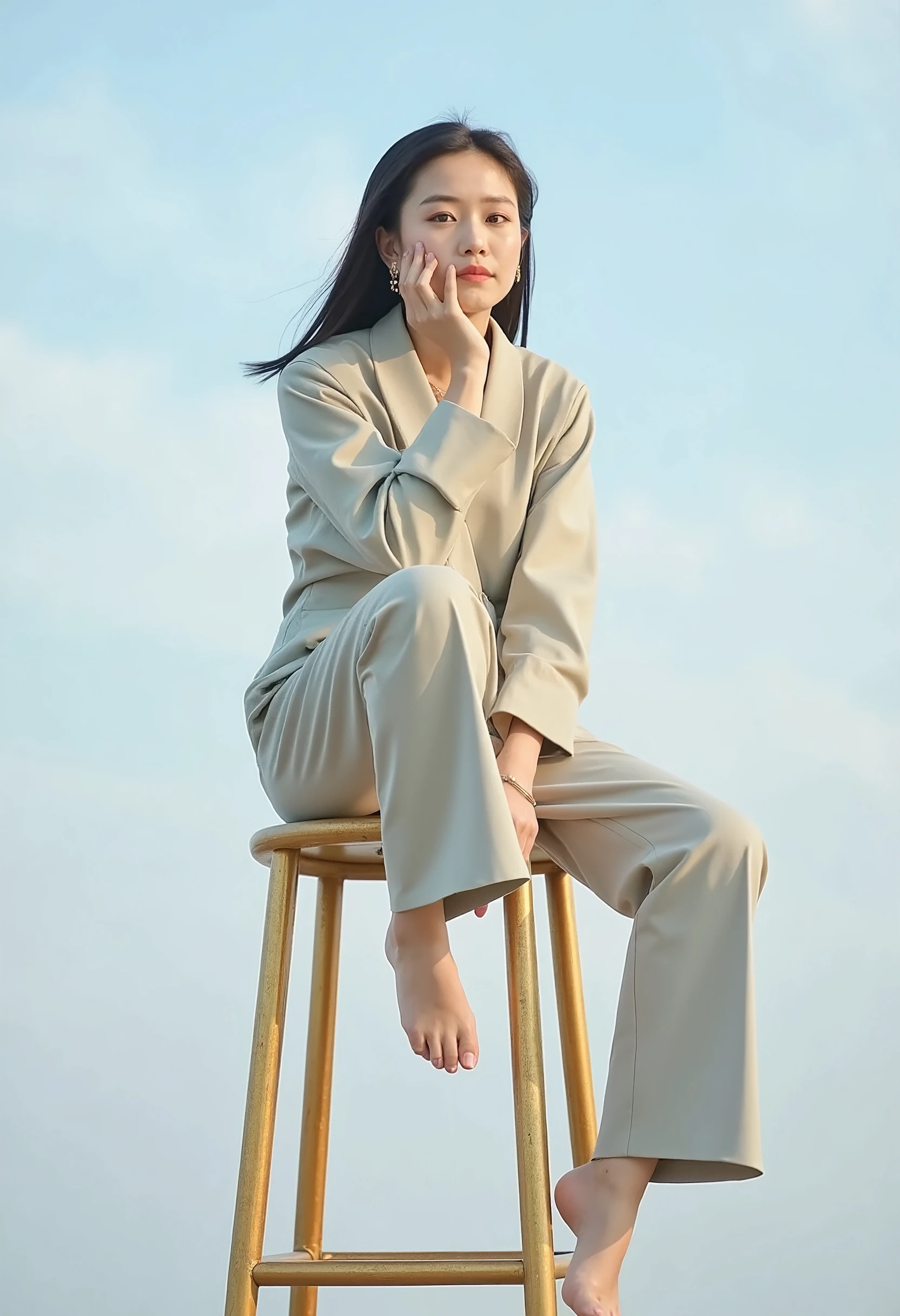 A Korean woman sits elegantly on a golden stool, her hand resting thoughtfully on her chin. The backdrop features a serene pastel blue sky, creating a calming atmosphere. better_sit.