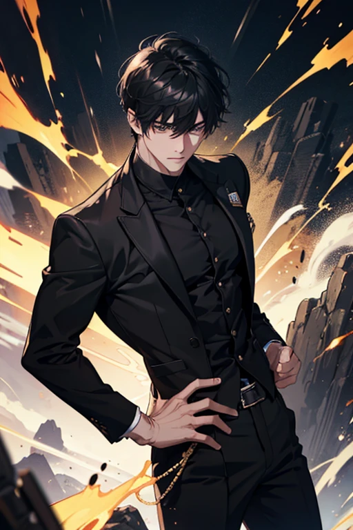 8k, Best Quality, masterpieceHighly detailed, Semi-realistic, One Man,  Hold up your hands, Very short black hair with bangs, Very Short Hair, Golden Eyes, Black Suit, Black pants, Black details, Muscular build, Cold look, Battle Scenes, Outdoor, White background,Anime Style,Soft pastel tones,A handsome and beautiful man,A bold face,