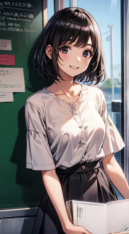 1 Woman, Japanese Woman,(Housewife:1.5),(40 Years Old:1.68),(Attractive Mature Woman:1.66),(Middle Age:1.78),(Small Round Face:1,69),(small breasts:1.5),((graduated haircut)),Casual, simple blouse,V-neckline,knee-length skirt, blouse in bright colors,pastel shades,(((cafe interior,in room))),(laugh:1.4),
