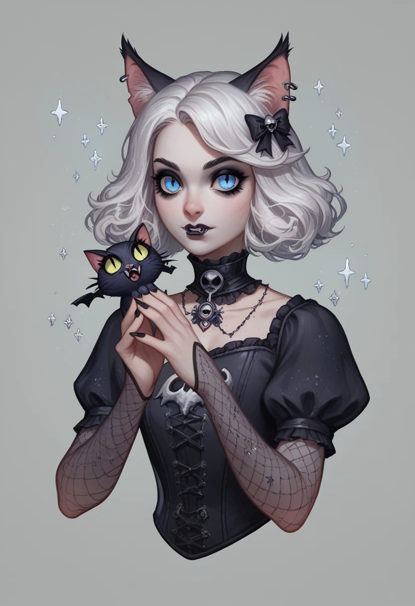 score_9,score_8_up,score_7_up,score_6_up, cute Vampire cat, white mane, blue eyes, Goth fashion, gothic scene, glitter, whimsical, enchanted, magical, fantasy art concept, intricate details,