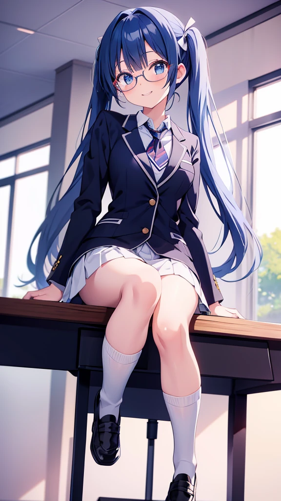 The whole body is facing the viewer、skirt、high school girl、classroom、Sitting in a chair、Watching the audience、The legs are spread wide upwards、skirtも一緒に持ち上げてる、The thong is completely visible between her legs