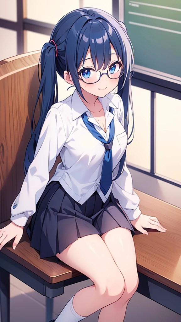 young girl, high , classroom, skirt, panties, light blue eyes, black hair, glasses, quiet, elegant