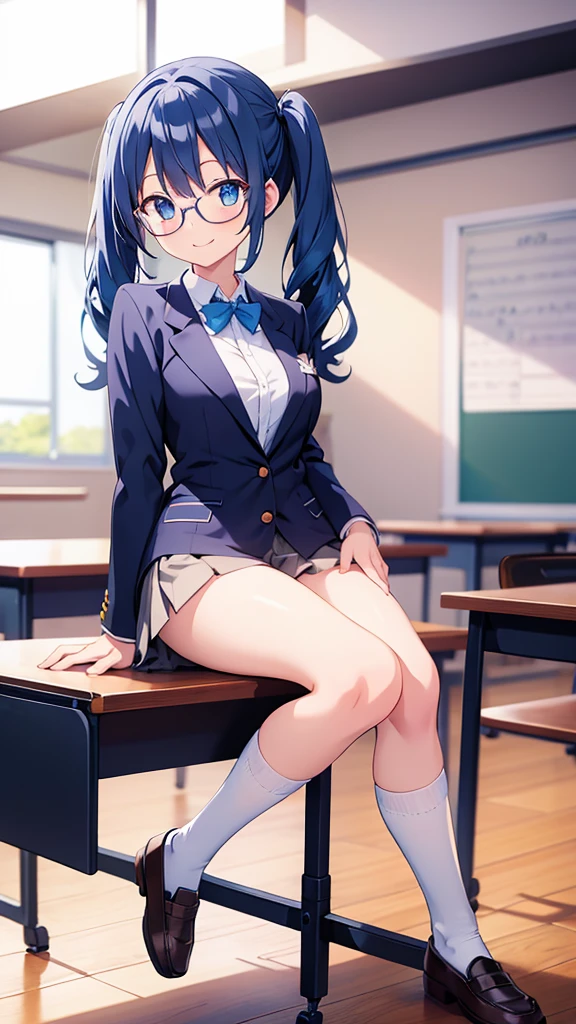 1girl、Umisonoda, Umi Sonoda, long hair, blue hair, (yellow eyes:1.5) (flat chest:1.2),
break blazer, blue skirt, Jacket, otonokizaka school uniform, pleated skirt, school uniform, winter uniform,
break looking at viewer,
break indoors, classroom,
break (masterpiece:1.2), highest quality, High resolution, unity 8k wallpaper, (figure:0.8), (beautiful and fine eyes:1.6), highly detailed face, perfect lighting, Very detailed CG, (perfect hands, perfect anatomy),,cowboy shot、(skirt lift:1.3),(Very detailed white panties:1.3)、(Very detailed panties:1.3)、、(skirt that rolls up:1.3)、(fully exposed panties:1.5)、