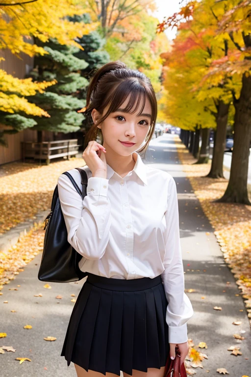 ((Best Quality)), ((masterpiece)), (detailed), Real, One Japanese girl, autumn, skirt,  shirt,  university student, Autumn leaf viewing, Blonde, Half Up, Wave,