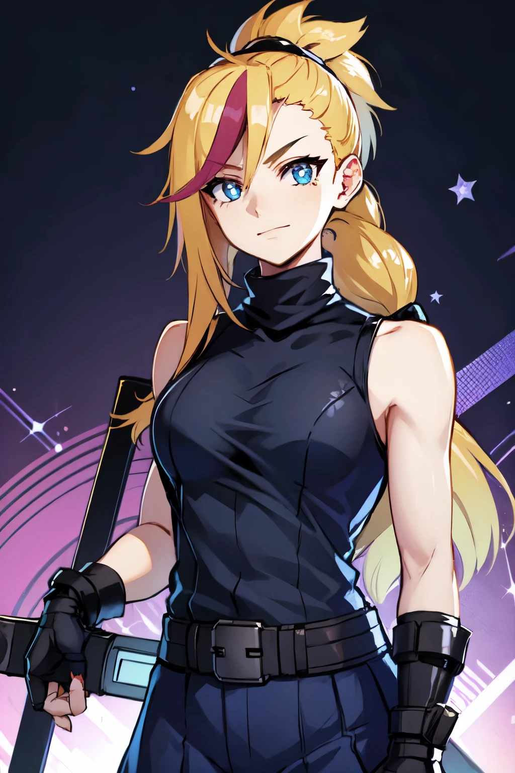 (masterpiece, best quality:1.2), Blue  glowing eyes, perfect face, highres, 1 girl, solo, ultra long ponytail, (female:1.5), strife, blonde hair, shoulder armor, sleeveless turtleneck, suspenders, belt, gloves, bracer, evil smile, standing, portrait, looking at viewer, giant sword on the back