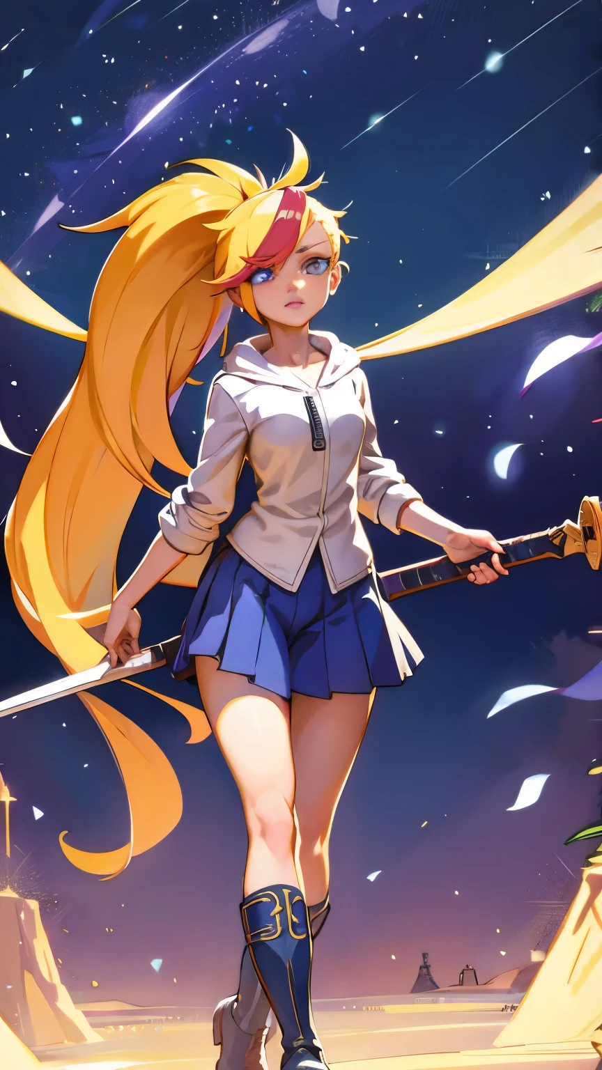 1 girl, ultra long hair, ultra detailed face, glowing lips, glowing blue eyes, very long ponytail, elegant walk, catwalk, holding down a  giant katana, blonde, long eyelashes, long boots , looking to the sky, starry sky, a ultra giant katana, 3d render style,