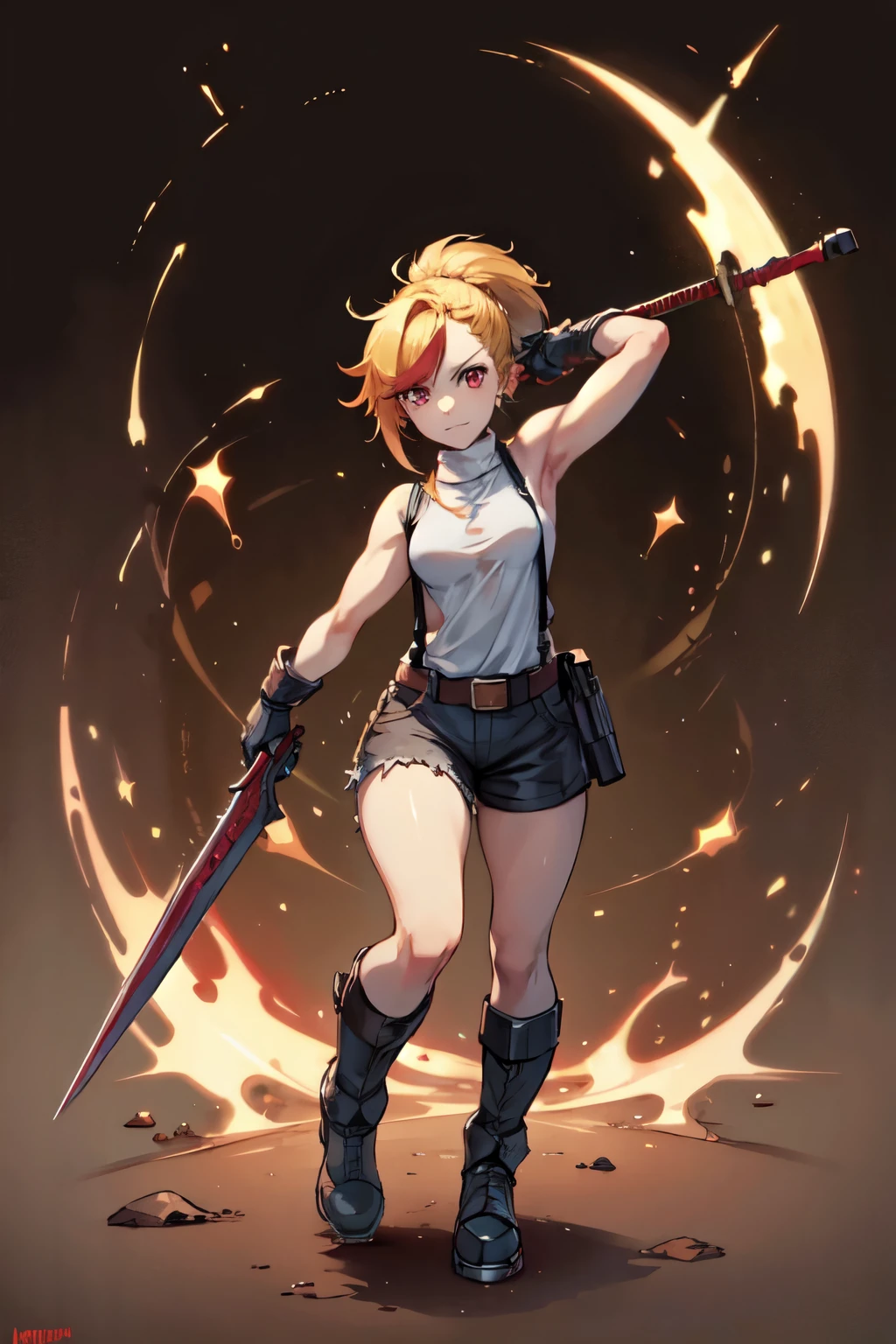 (masterpiece, best quality:1.2), red glowing eyes, red eyes, the eyes are red, perfect face, highres, 1 girl, solo, ultra long ponytail, (female:1.5), strife, blonde hair, shoulder armor, sleeveless turtleneck, suspenders, belt, gloves, bracer, evil smile, standing, portrait, looking at viewer, giant sword on the back, giant buster sword on the back, long leather boots, fullbody shot