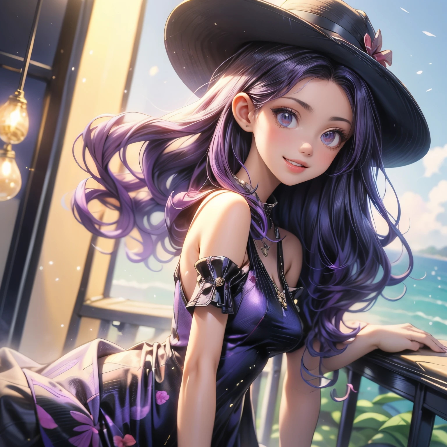 (masterpiece), best quality, 1girl, expressive eyes, perfect face, (purple hair), perfect anatomy, full body, 4k, HDR, full HD, solo, An anime girl in a blue dress and straw hat, with long hair and flowing curly bangs, in the style of anime, against a background of a coastal street by the sea, on a bright sunny day, with flowers on a windowsill, with a cheerful expression, with detailed design, with a watercolor painting effect, and vibrant colors, , misato katsuragi, purple hair, long hair, 