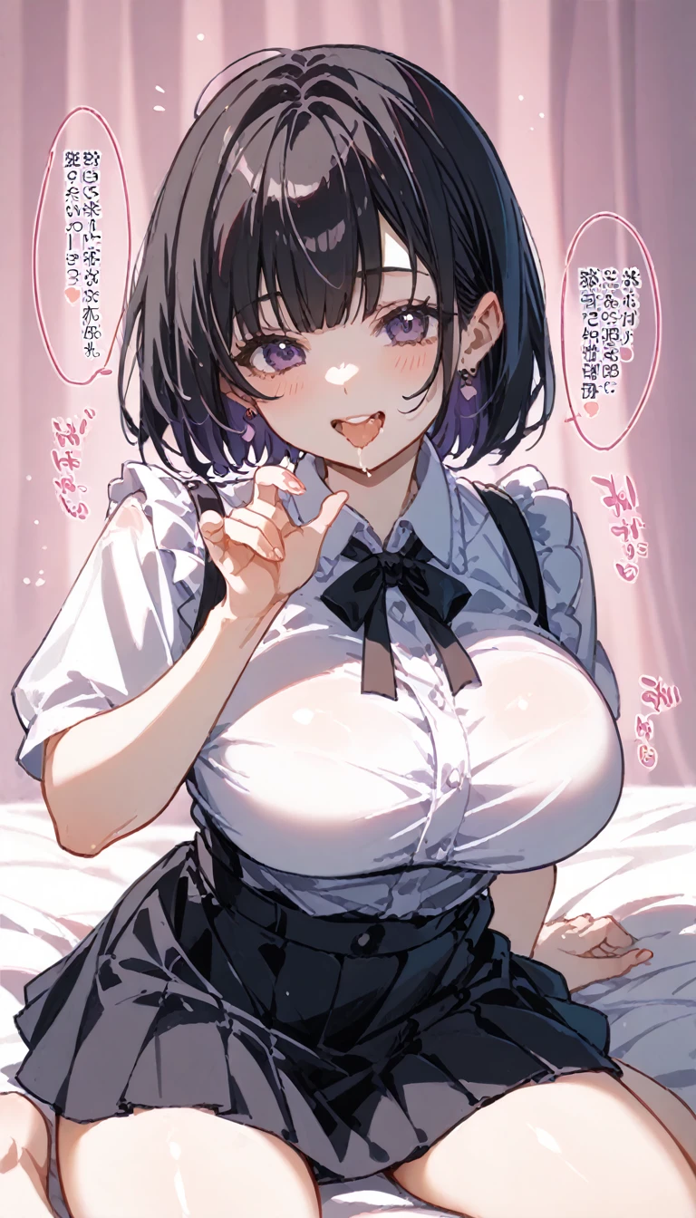 Detailed Background、Detailed people、HD, 32K, Realistic depiction、masterpiece、Score_9, Score_8_On top of that, Score_7_On top of that, Score_6_On top of that, Long straight black hair、Bangs、、、Landmine girl makeup, {{Super huge breasts}}, curve, short hair, Purple Eyes, Landmine girl fashion、(Hand and foot accessories,Absolute territory、mini skirt)、 Under the chest, ,  Kneel, Staring at the camera、 smile, whole body、Embrace your chest、Please open your mouth a little、Sticking out tongue、A lewd mouth wet with saliva、Leaning forward、swallow、Pink lighting、Dimly lit love hotel bedroom、、night、With your right hand, bring your chest closer、Emphasize your chest with your right hand、motion blur、Blowjob handjob gesture with left hand、Hair behind ears、(((Tons of sound effects、A lot of dialogue、steam))),