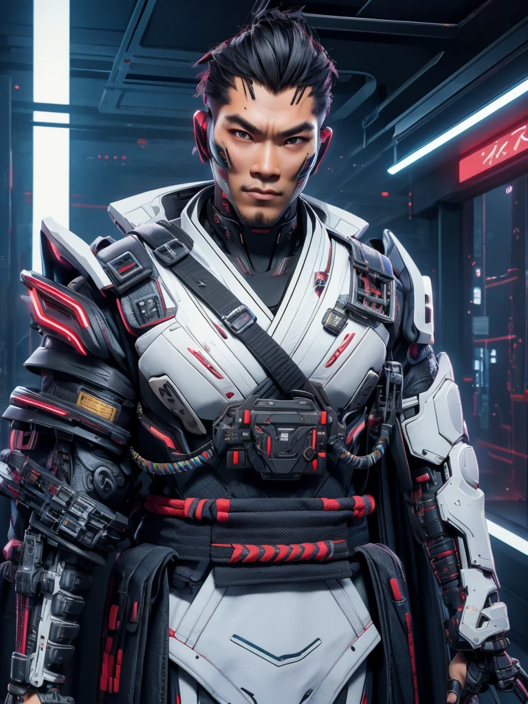 ((masterpiece, highest quality, hires, amazing detail, 8k, best quality, dynamic angle)), cinematic, portait, closeup shot of middle aged man / Steven seagal /, wearing highly damaged battlesuit, perfect facial hair, scars, cybernetic implants, shirow masamune, ghost in the shell, gantz, gritty, cyberpunk background, muted colours
