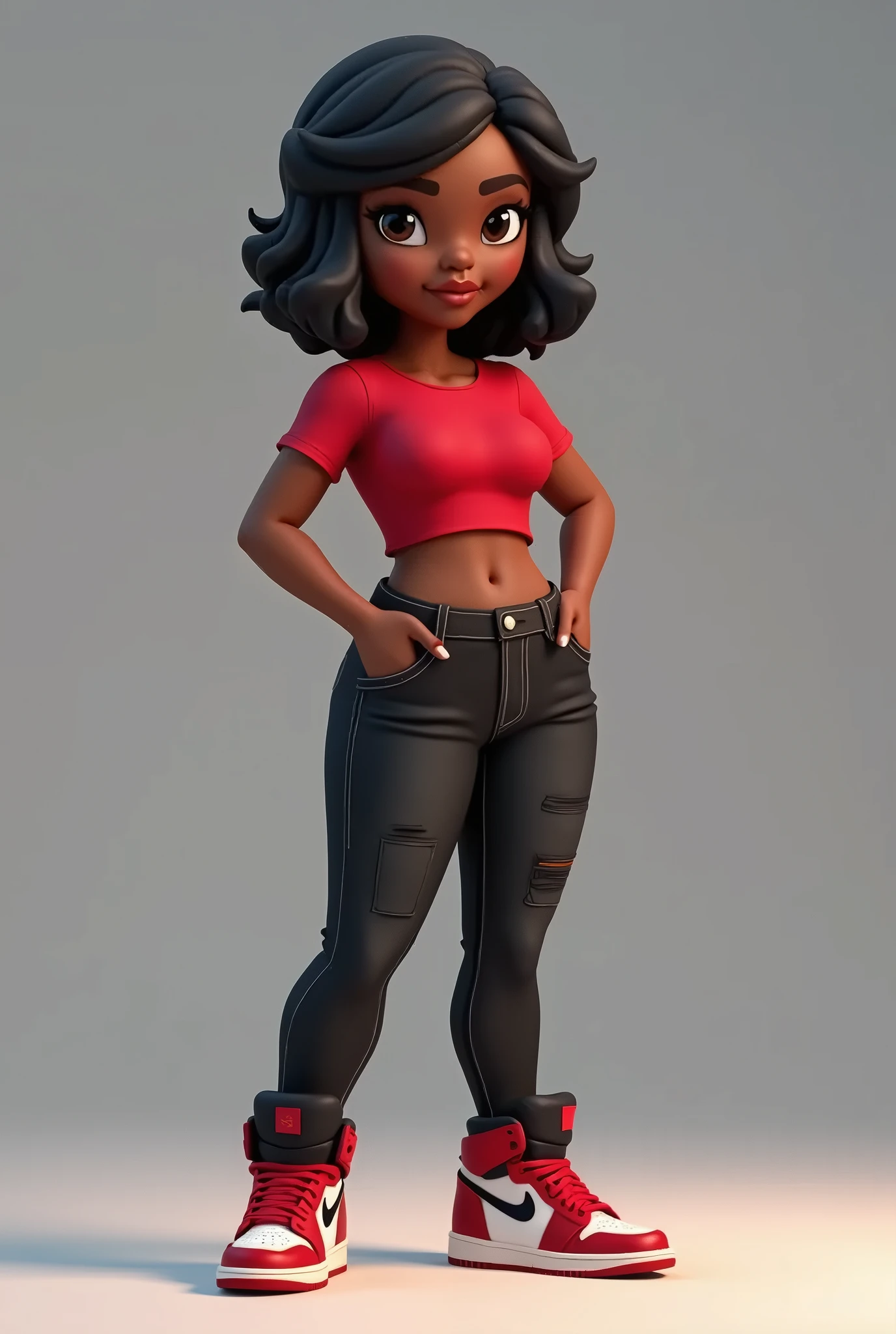 Hd, chibi curvy Black woman with a small waist and curvy hips, dark skin, short sassy layered black bob hairstyle, wearing a red T-shirt neatly tucked into black denim jeans, red black and white Jordan dunks, she is standing in a sassy stance 