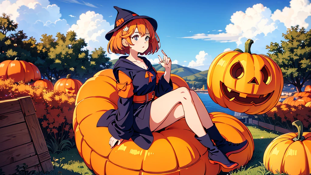 Image of three girls dressed in Halloween costumes sitting on a giant Halloween pumpkin