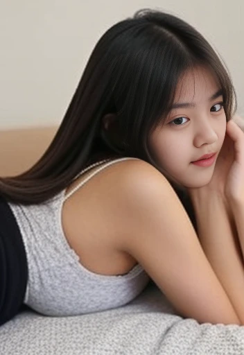 Cute 18-year-old girl, god, Short Girl, A slim body, big boobs, show pussy, detailed face, beautiful eyes, long eyelashes, cute expression, Minimalist interior, dark-toned interior, photorealistic, 4K, high quality, hairstyle two ponytails, very short skirt, sneakers, sitting on the floor and spread legs, front view,