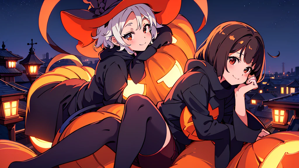 Image of three girls dressed in Halloween costumes sitting on a giant Halloween pumpkin，Mysterious night view，smile