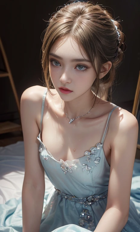 (masterpiece), realistic, (portrait of a girl), beautiful face, sunlight, cinematic light, bangs, a beautiful woman, beautiful eyes, black hair, perfect anatomy, very cute, princess eyes , (black eyes) , (frame the head), Centered image, stylized, bioluminescence, 8 life size,8k Resolution, white low-cut dress with small blue details, human hands, wonder full, elegant, approaching perfection, dynamic, highly detailed, character sheet, concept art, smooth, facing directly at the viewer positioned so that their body is symmetrical and balanced, stunningly beautiful teenage girl, detailed hairstyle,