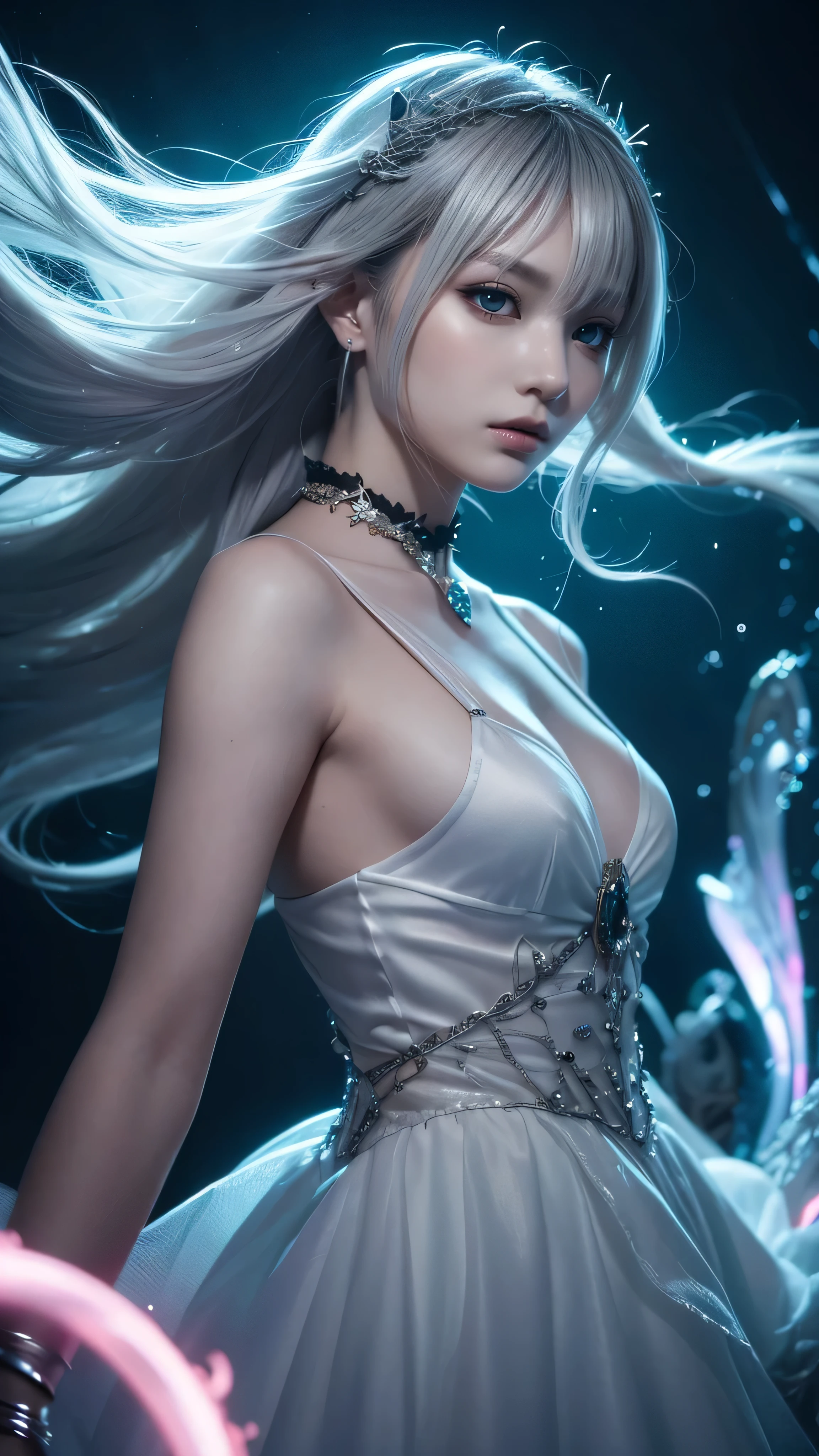 a digital painting of a beautiful attractive woman naked covered in spiral of splashing liquid silver jumpsuit , a hyperrealistic painting, figurative art, in silver paint, silver liquid, character is covered in liquid, fantasy art ,elegance pose, beautiful saggy breasts, large breasts ,medium close up shot, lighting clear and soft effect , white background