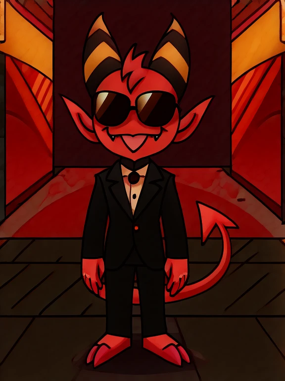 Imp wearing a black suit, and black and and black sunglasses, street background