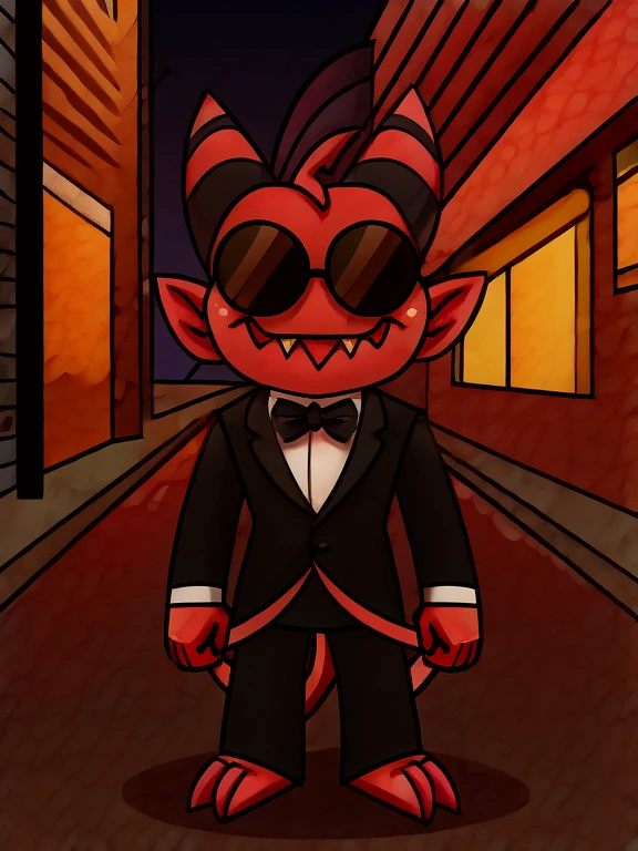 Imp wearing a black suit, and black and and black sunglasses, street background