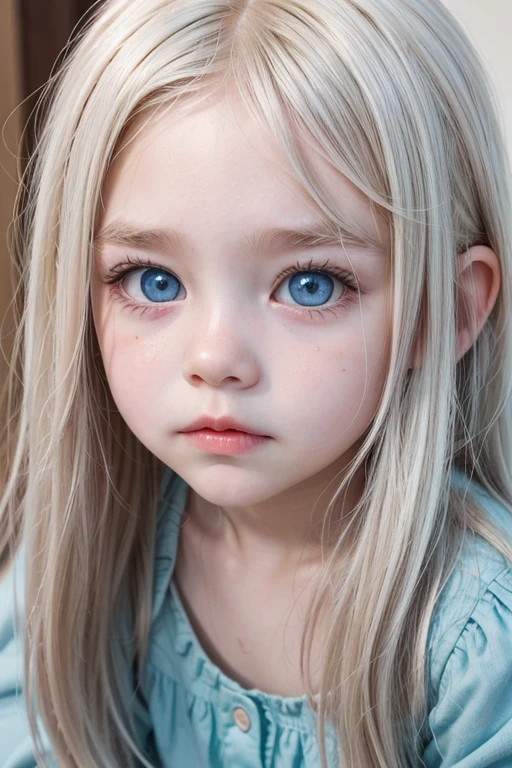 a blonde girl, cute  face, big blue eyes, two pigtails, plump lips, pink dress, freckles on face