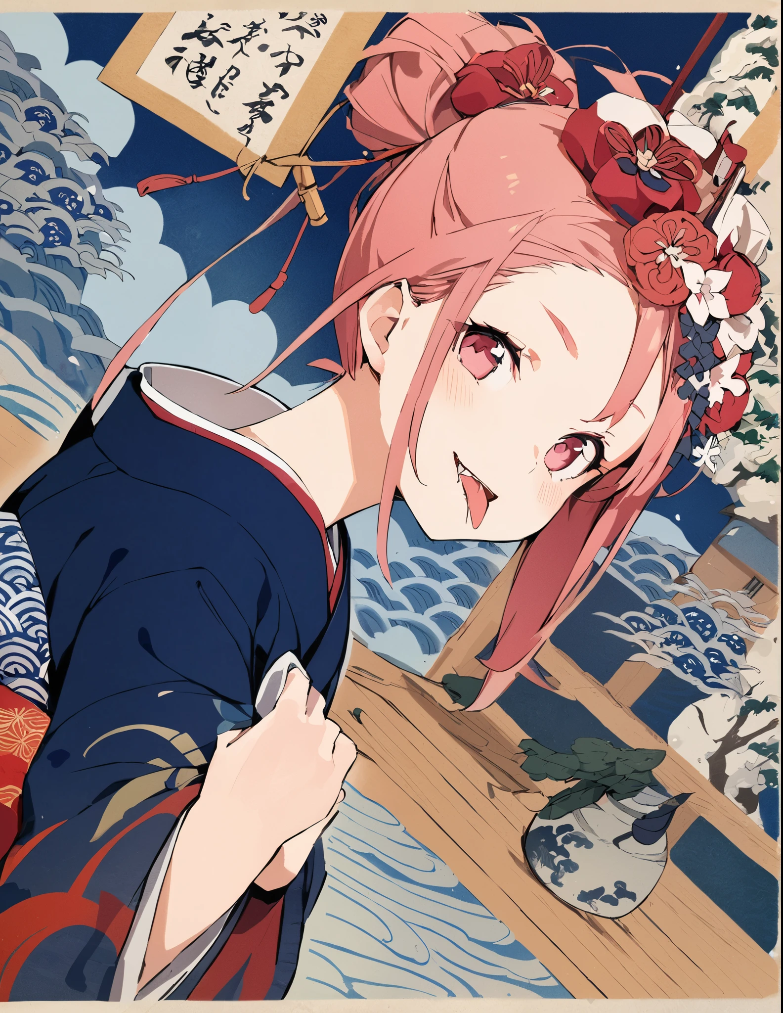 tooth, Hair Flower, Sticking out tongue, Dutch Angle, Ukiyo-e, Impressionism