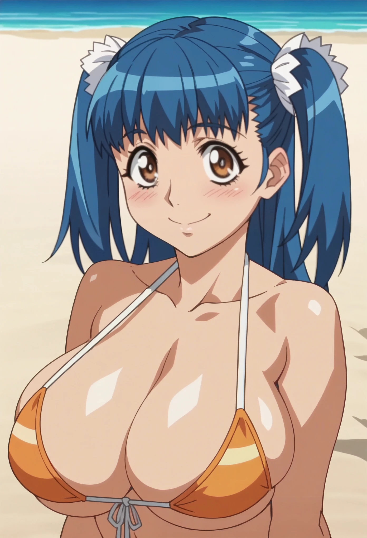 (anime,anime screencap:1.2),blush,smile,nude,(bikini:1.2),beach,(Tuile(gravion),huge breasts,blue hair,yerrow eyes,twintail,two side up